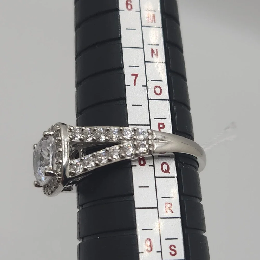 925 Sterling Silver Princess Cut CZ Halo Split Shank Ring Size 8 Art Deco Style